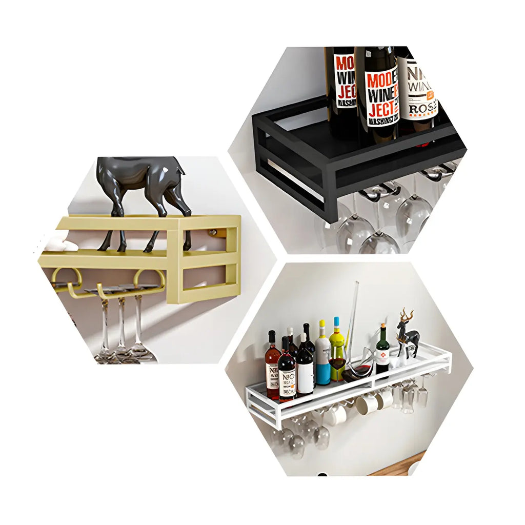 Support mural flottant en métal pour verres à vin et bouteilles avec crochet