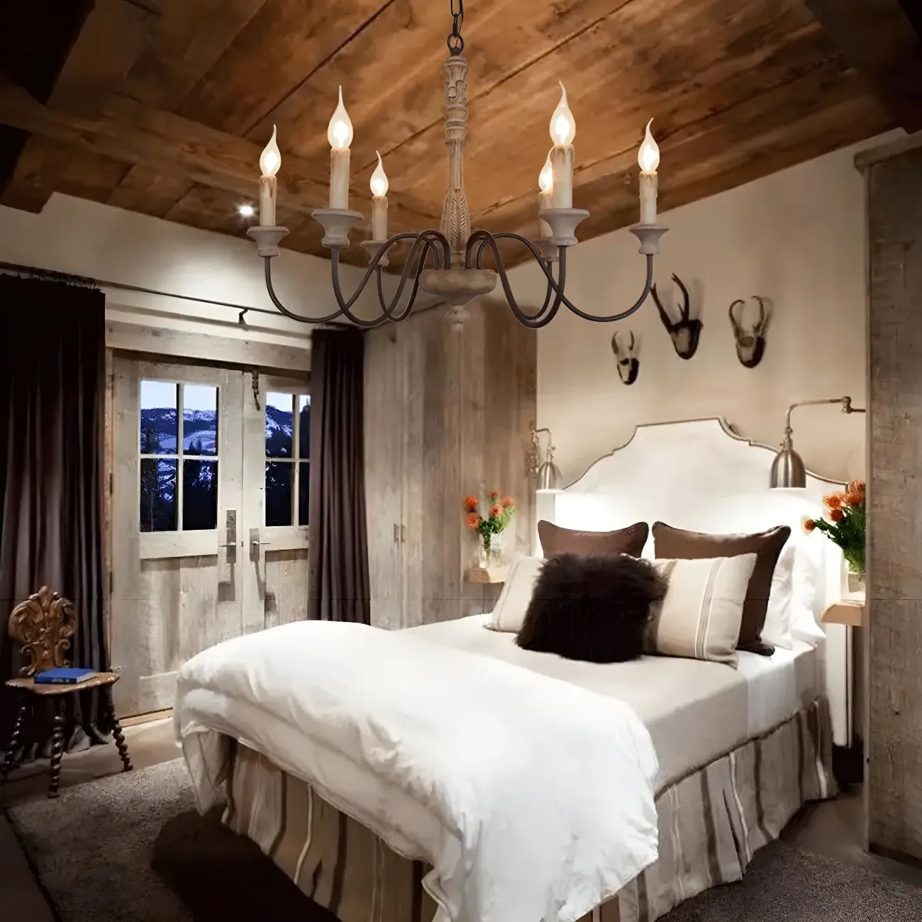 Lustre candélabre Empire traditionnel à 6 lumières réglable en bois