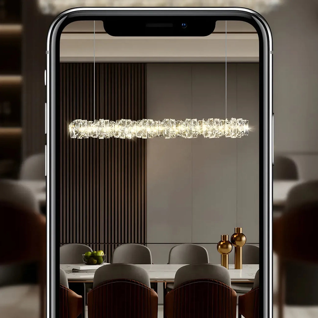 Suspension surdimensionnée moderne à intensité variable en acier et cristal pour îlot central