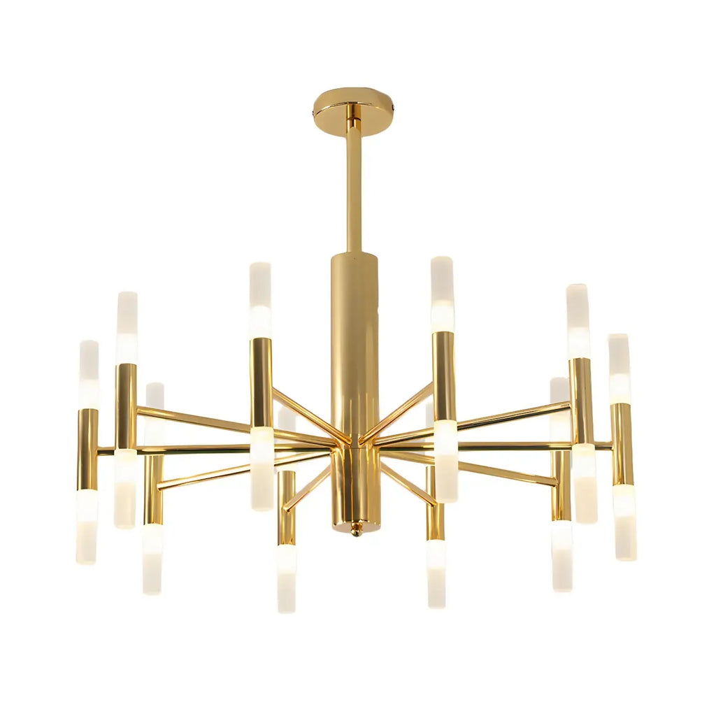 Lustre élégant à plusieurs lumières avec abat-jour en verre tubulaire.