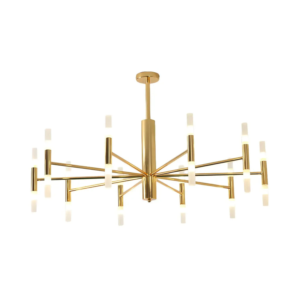 Lustre élégant à plusieurs lumières avec abat-jour en verre tubulaire.