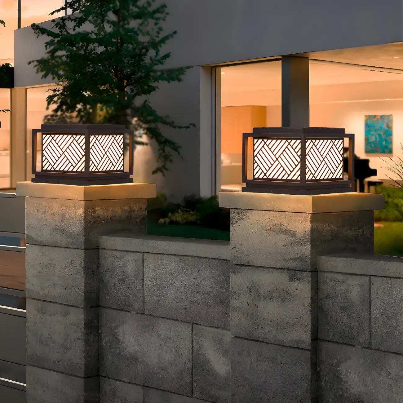 Lampe de poteau en métal cubique avec abat-jour à motif géométrique