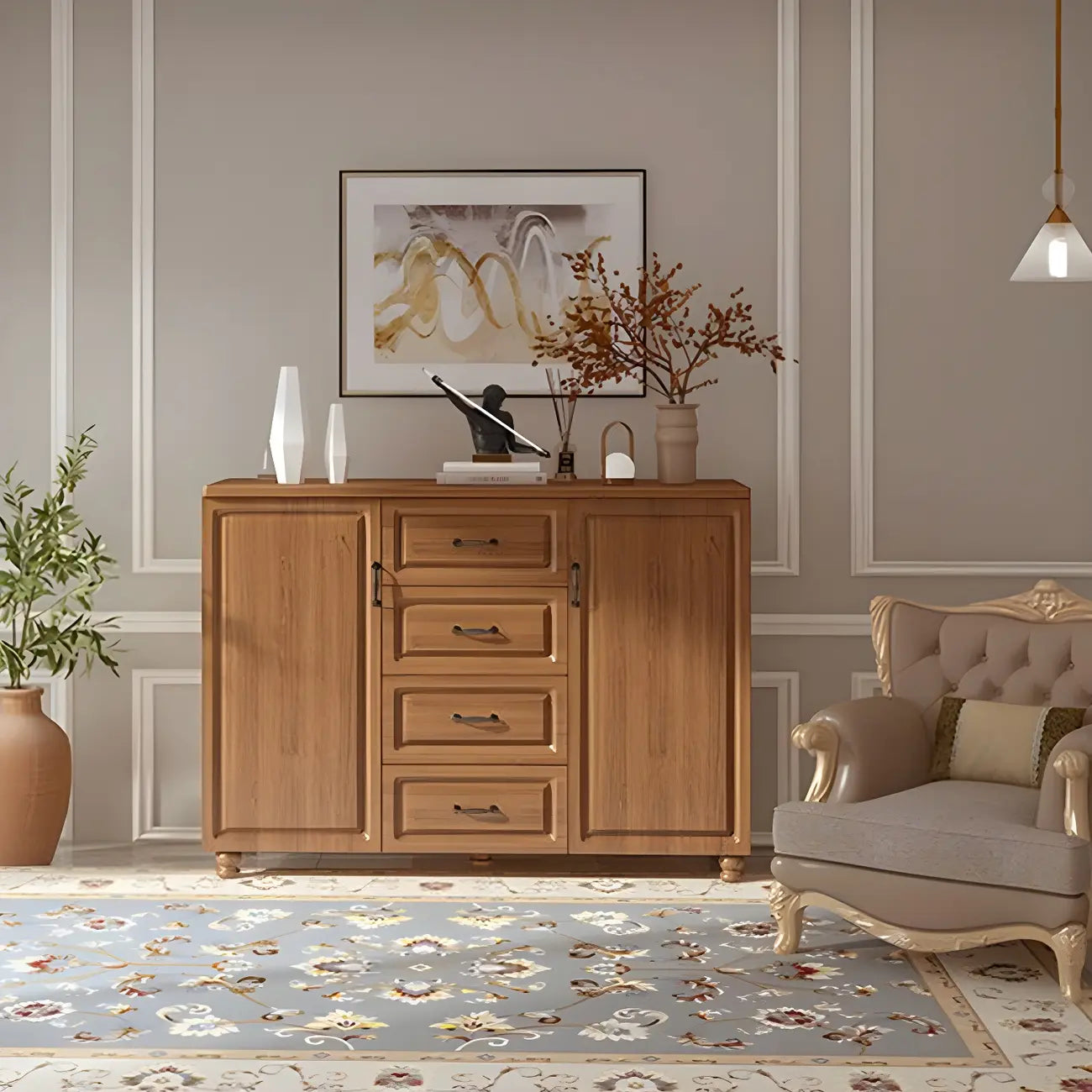 Commode combinée de rangement traditionnelle en bois brun noyer moyen