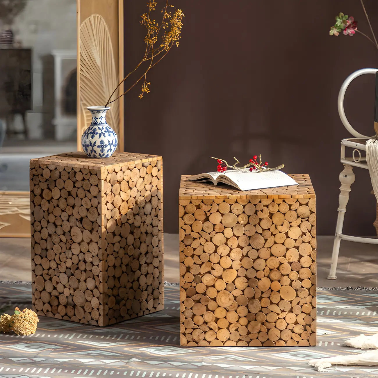 Table d'appoint carrée rustique en bois massif pour salon