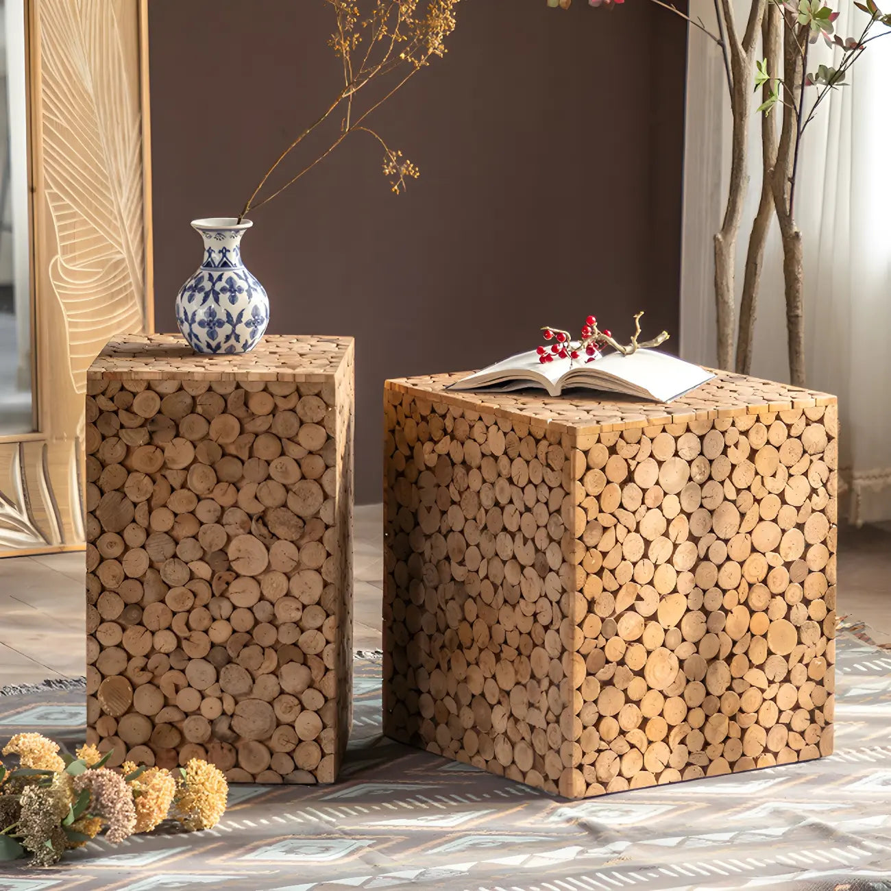 Table d'appoint carrée rustique en bois massif pour salon