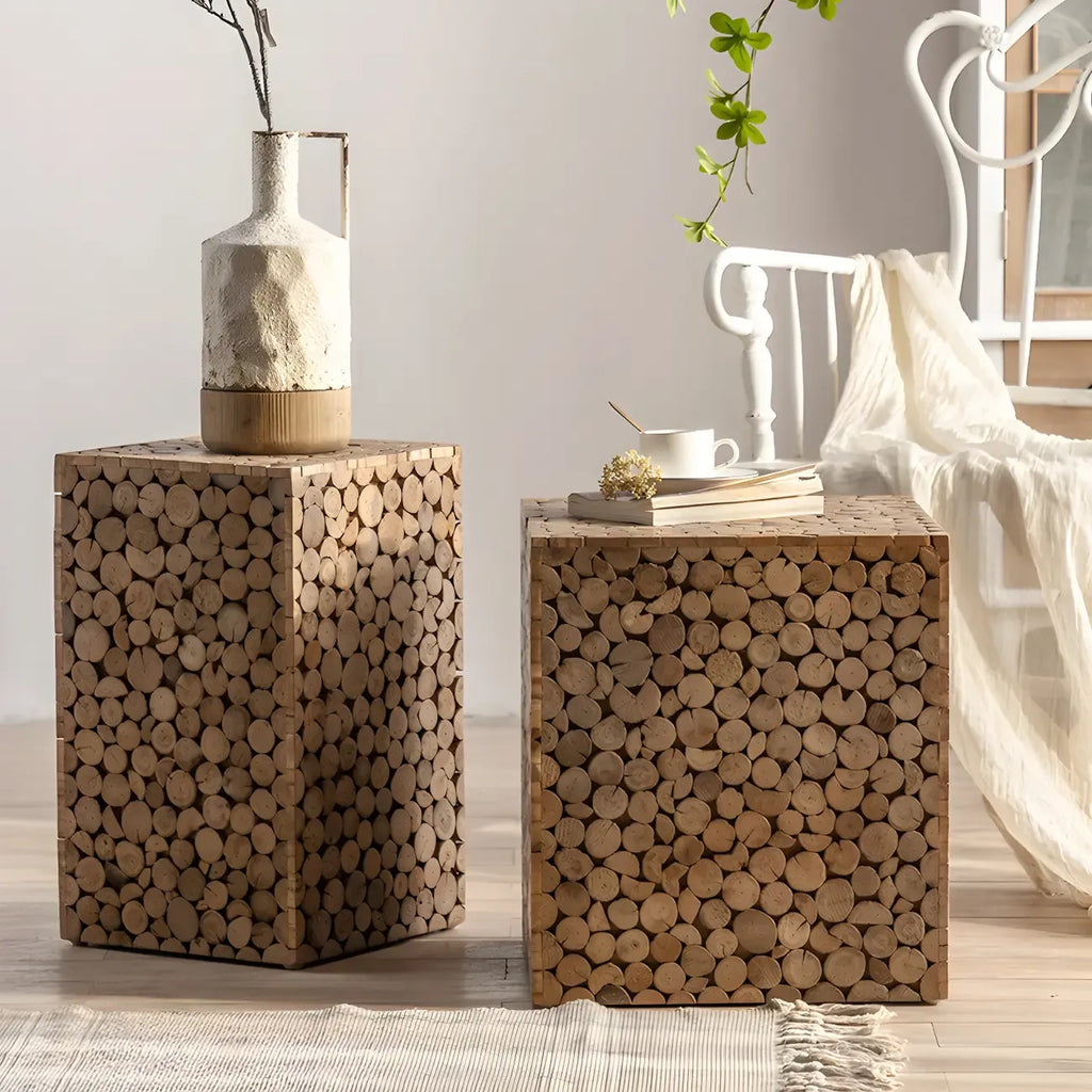 Table d'appoint carrée rustique en bois massif pour salon