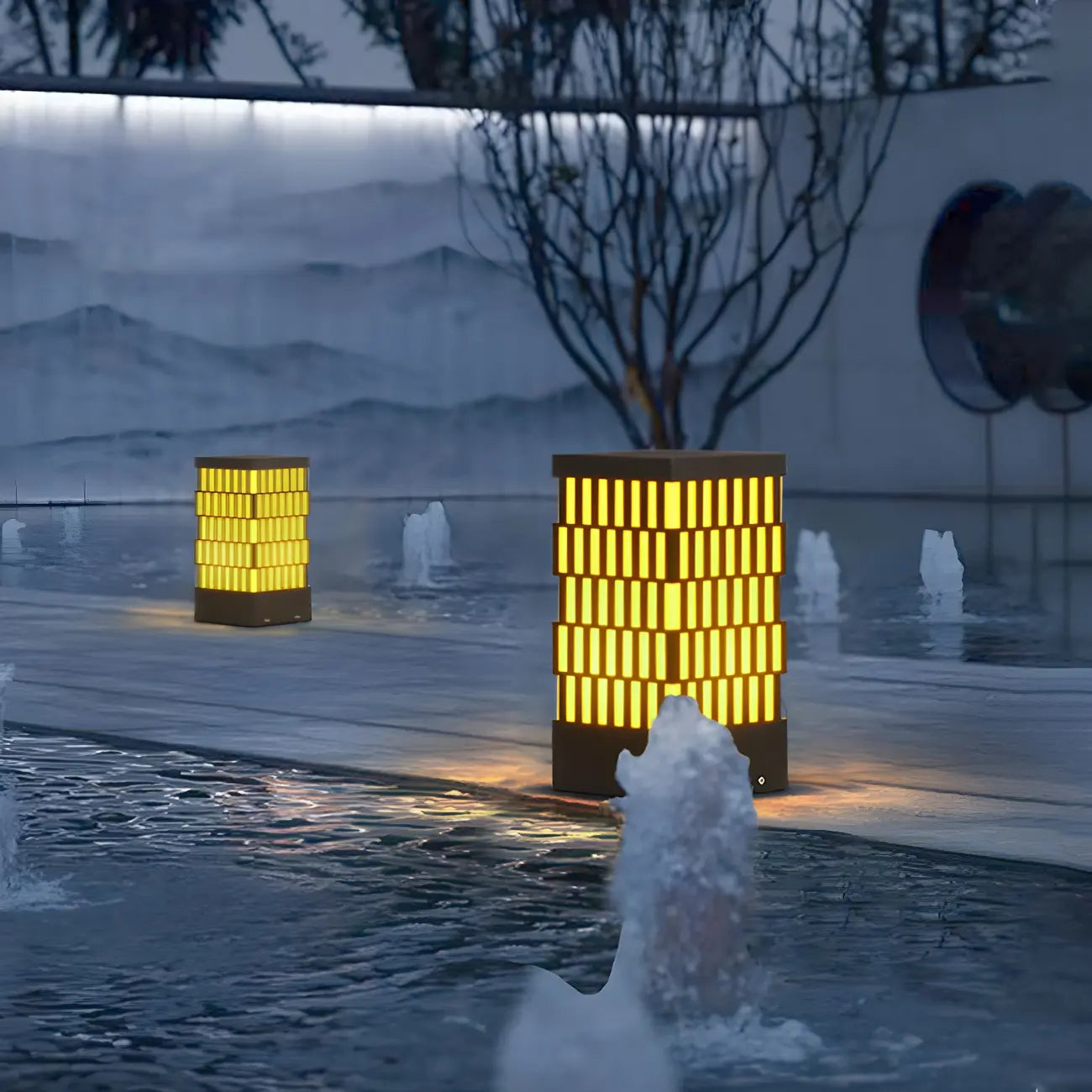 Culot de lampe rectangulaire à grille métallique noire et éclairage chaud