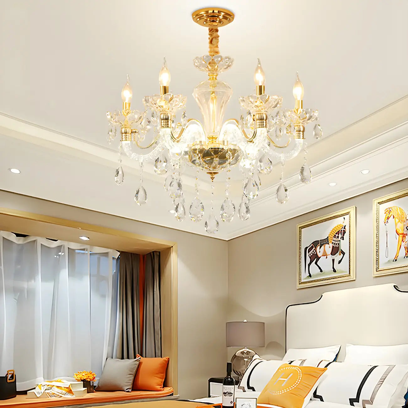 Lustre candélabre vintage en cristal doré avec pendentif