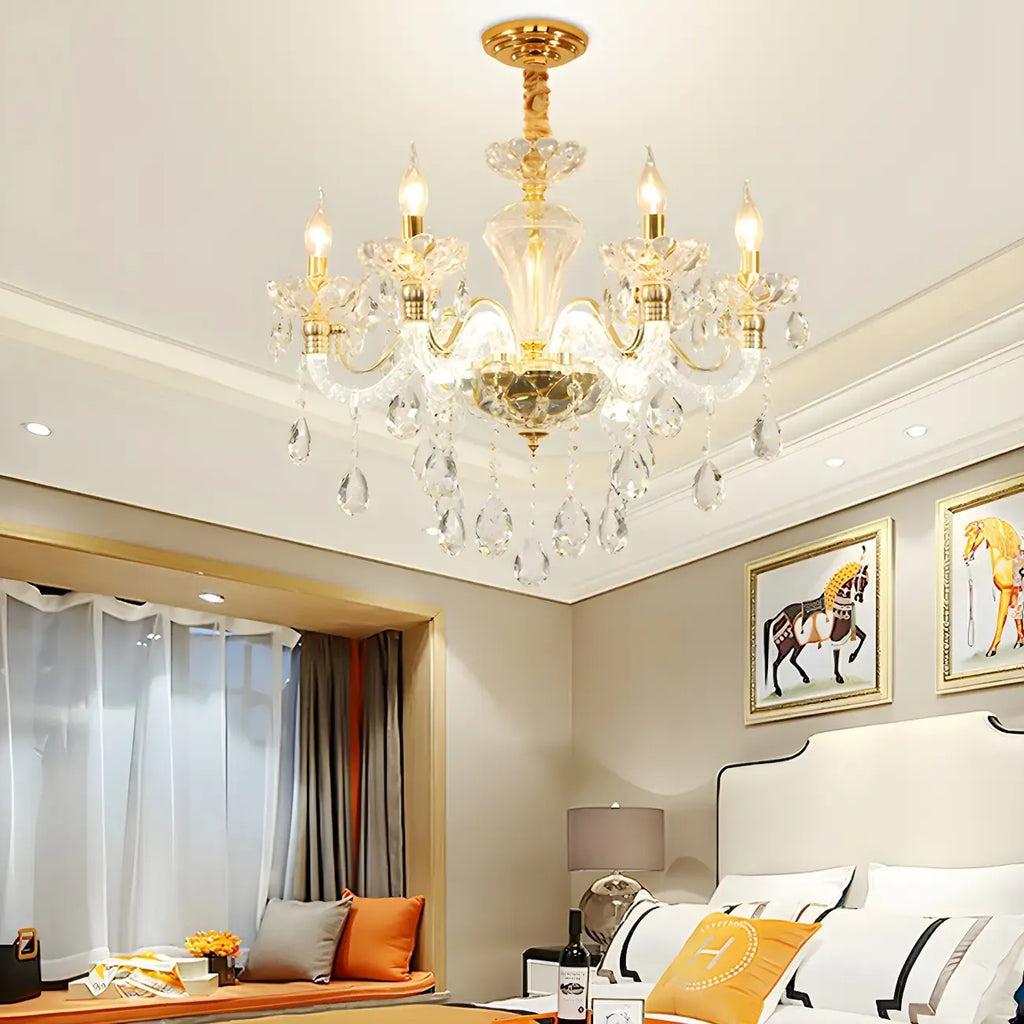 Lustre candélabre vintage en cristal doré avec pendentif