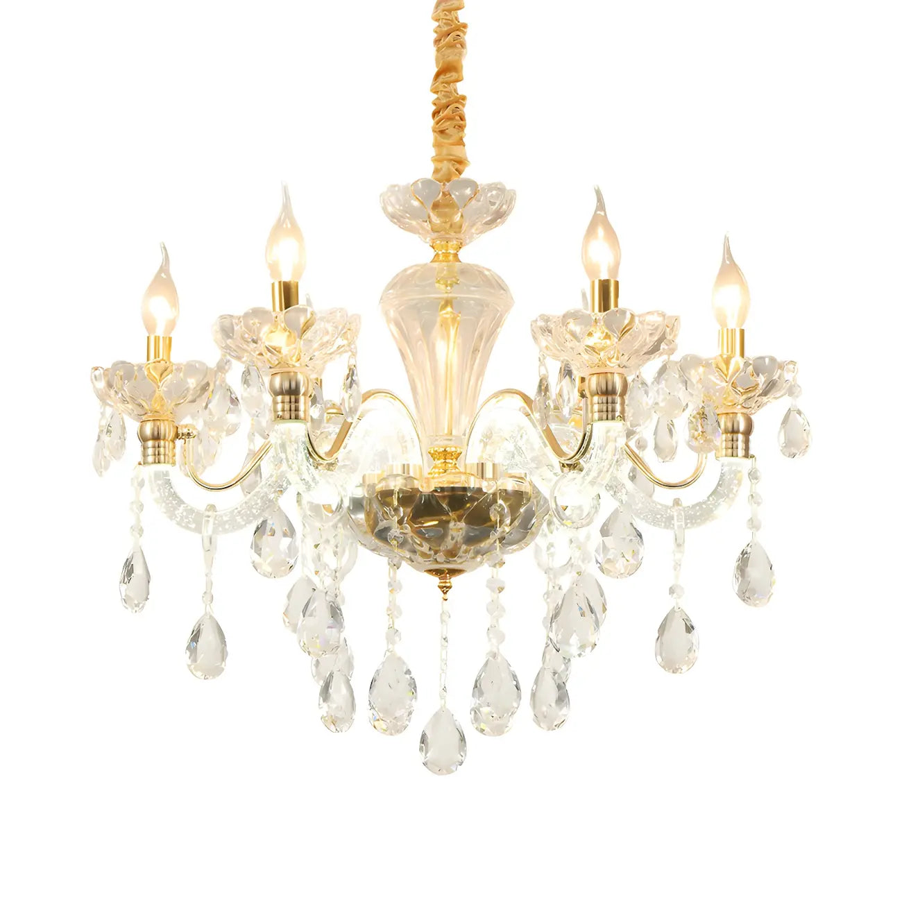 Lustre candélabre vintage en cristal doré avec pendentif