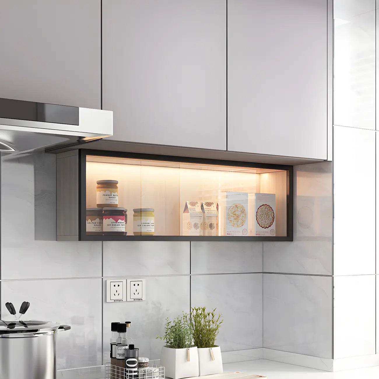 Cuisine avec applique murale en bois noir et éclairage LED court, vaisselier