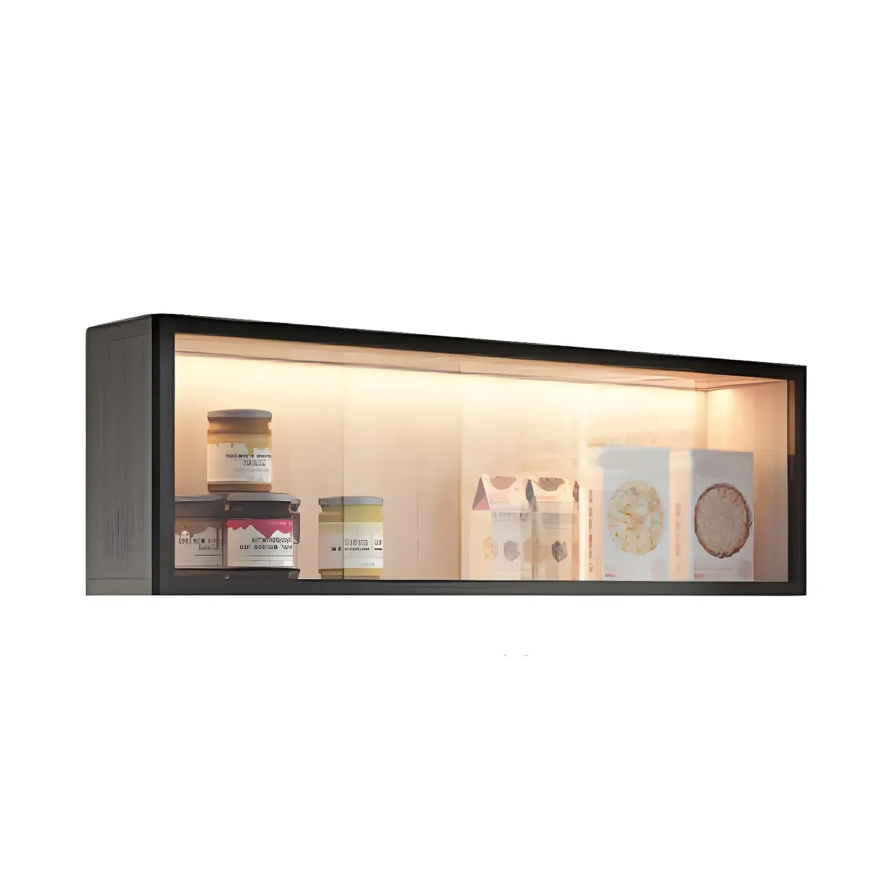 Cuisine avec applique murale en bois noir et éclairage LED court, vaisselier