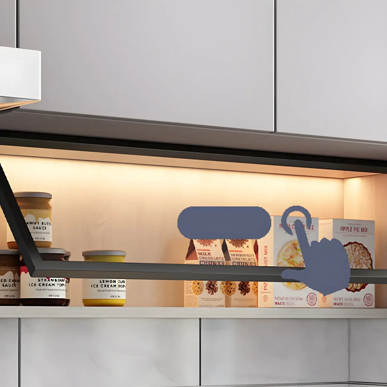 Cuisine avec applique murale en bois noir et éclairage LED court, vaisselier