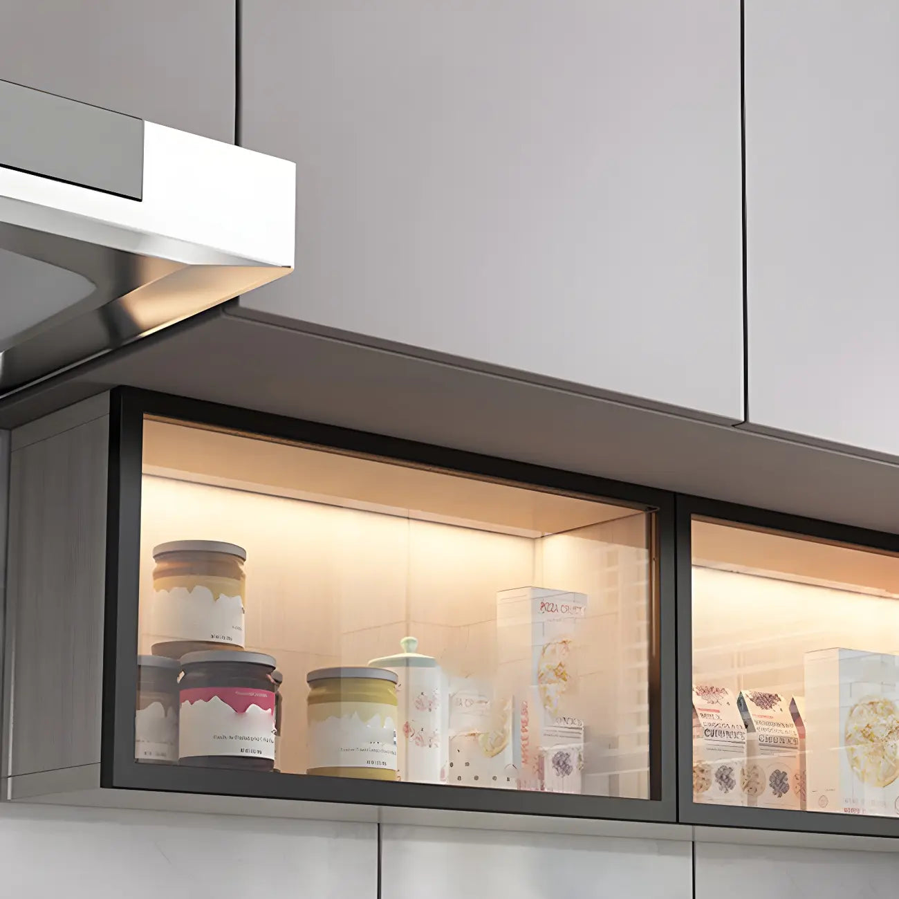 Cuisine avec applique murale en bois noir et éclairage LED court, vaisselier