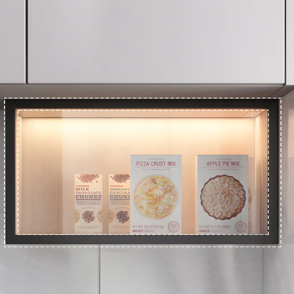 Cuisine avec applique murale en bois noir et éclairage LED court, vaisselier