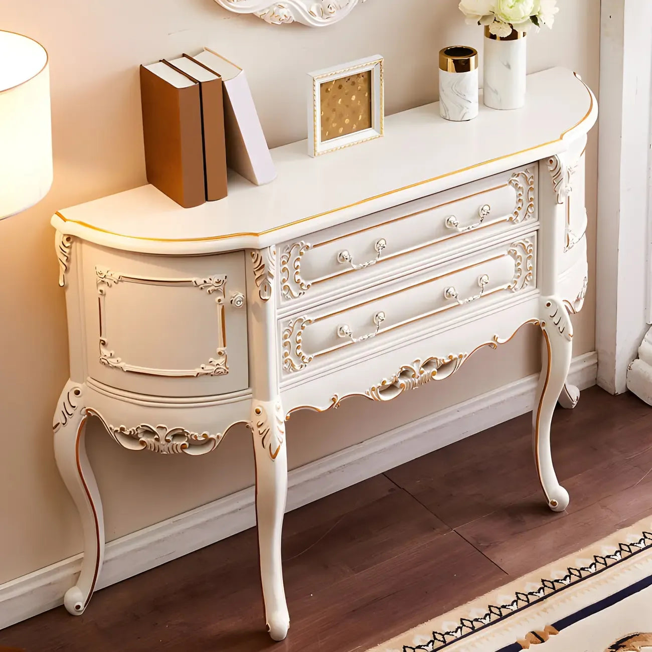 Console en bois blanc français avec tiroirs et revêtement anti-rayures