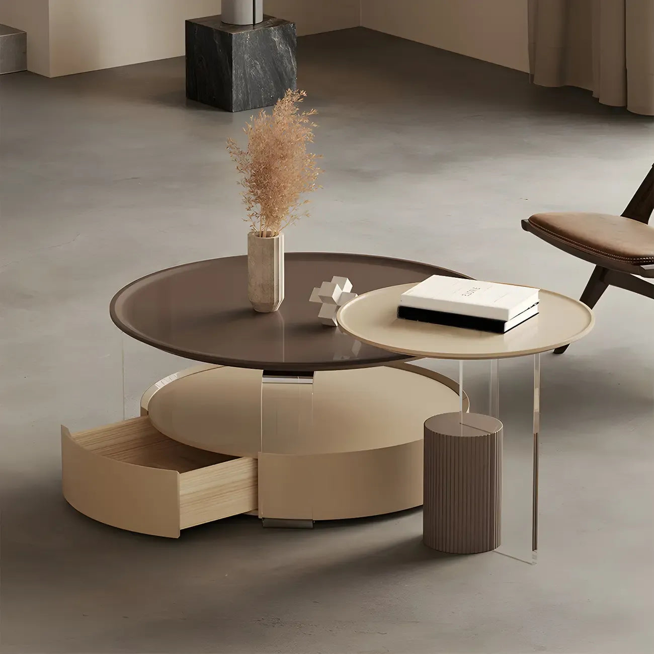 Table basse ronde élégante en bois beige et marron avec rangement