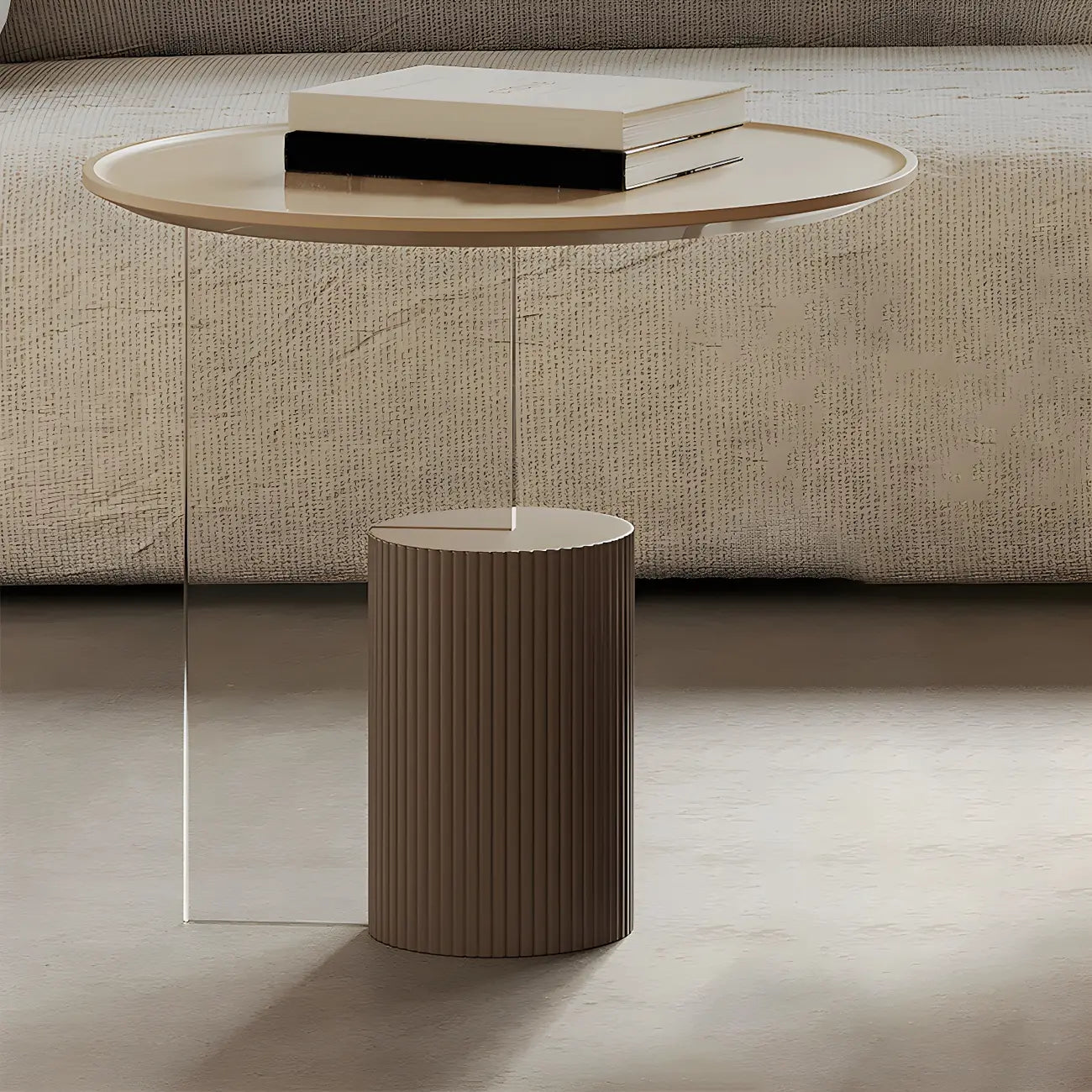 Table basse ronde élégante en bois beige et marron avec rangement