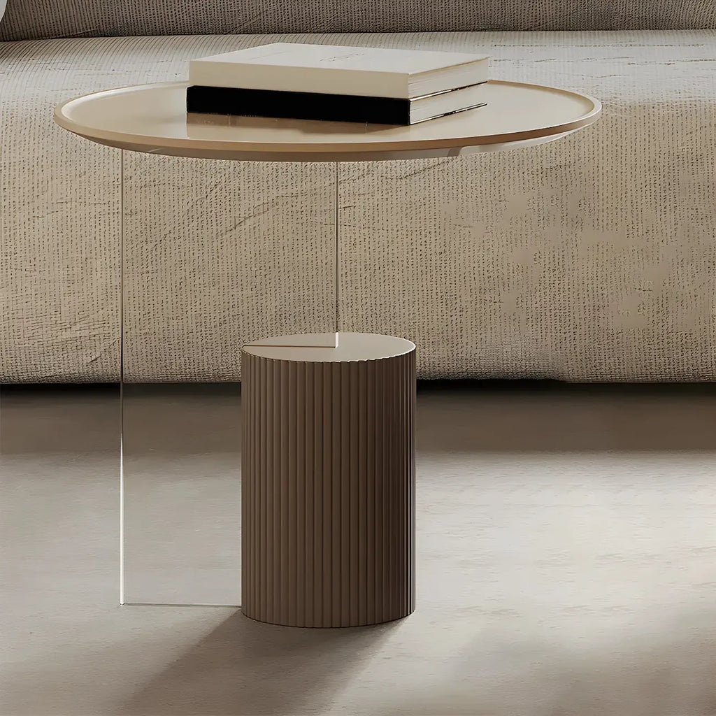 Table basse ronde élégante en bois beige et marron avec rangement