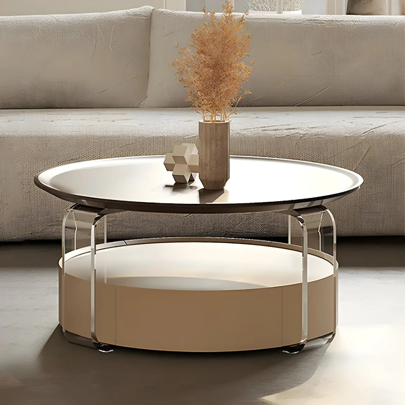 Table basse ronde élégante en bois beige et marron avec rangement