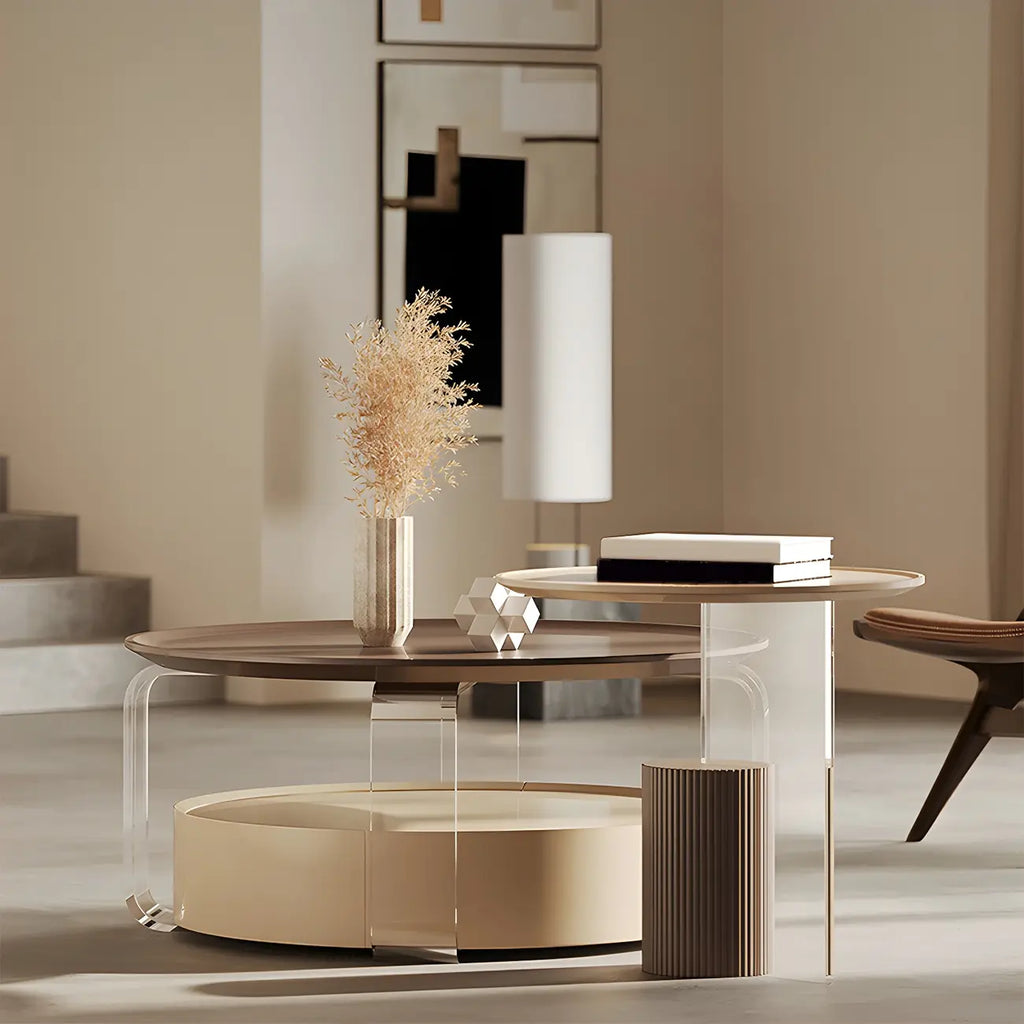 Table basse ronde élégante en bois beige et marron avec rangement