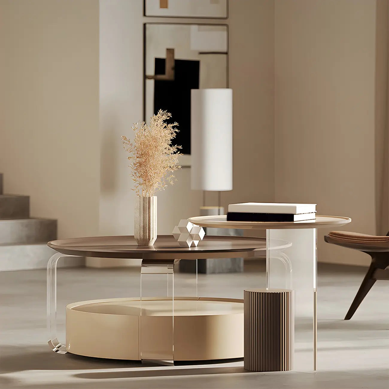 Table basse ronde élégante en bois beige et marron avec rangement