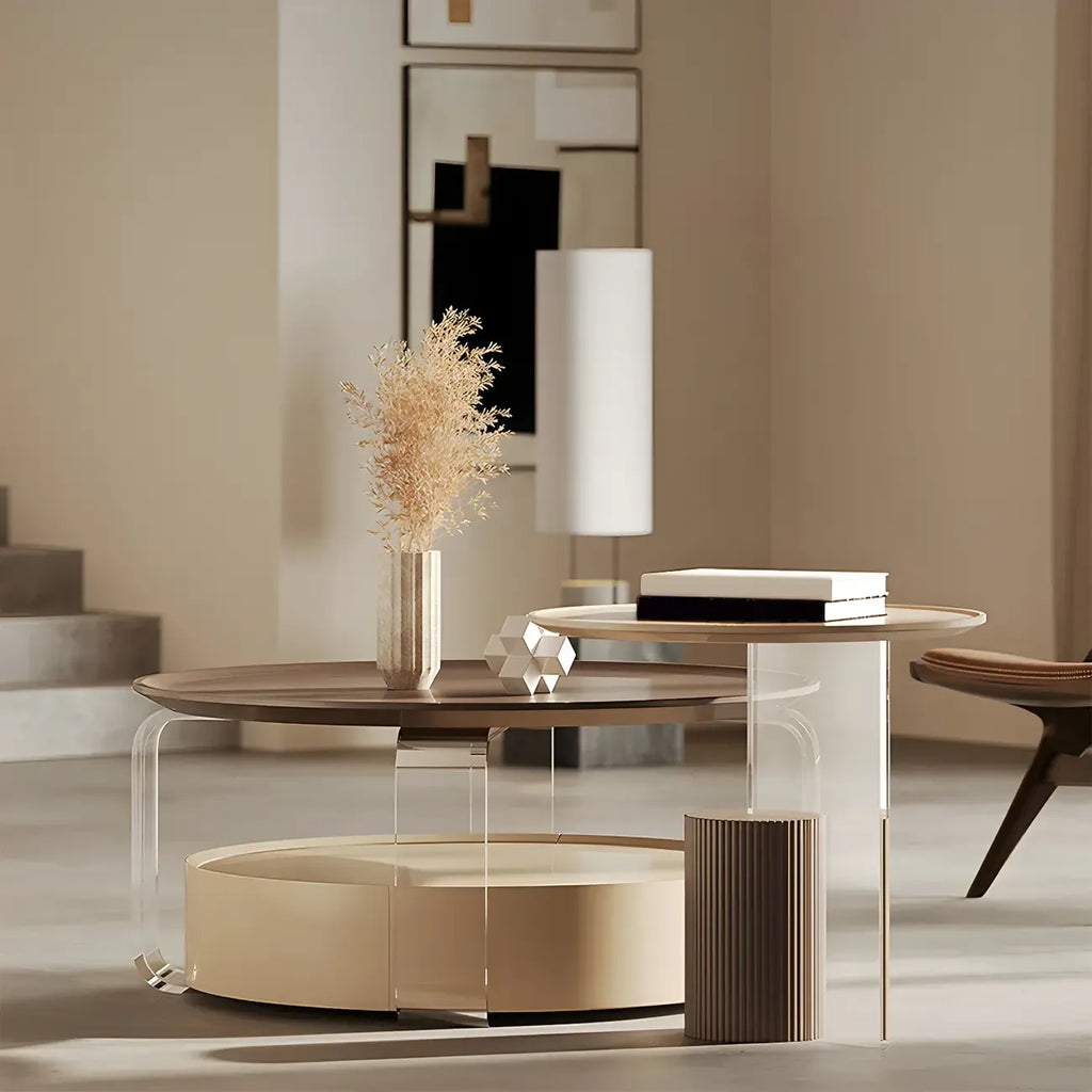 Table basse ronde élégante en bois beige et marron avec rangement