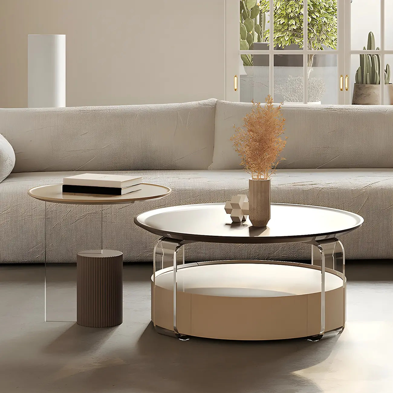 Table basse ronde élégante en bois beige et marron avec rangement