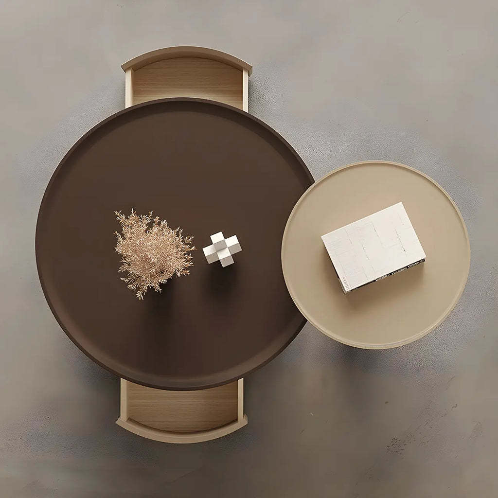 Table basse ronde élégante en bois beige et marron avec rangement