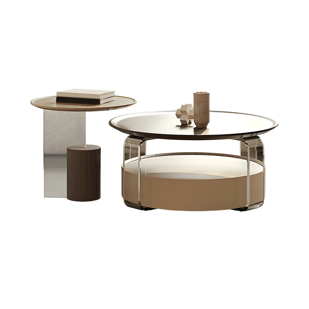 Table basse ronde élégante en bois beige et marron avec rangement