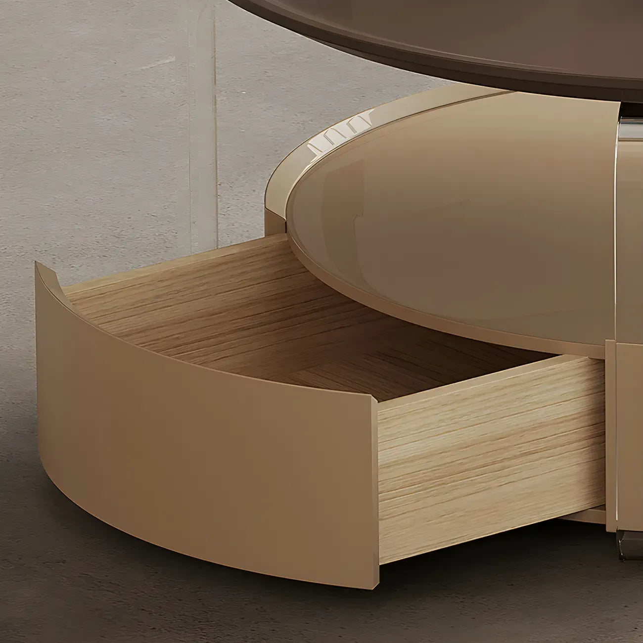 Table basse ronde élégante en bois beige et marron avec rangement