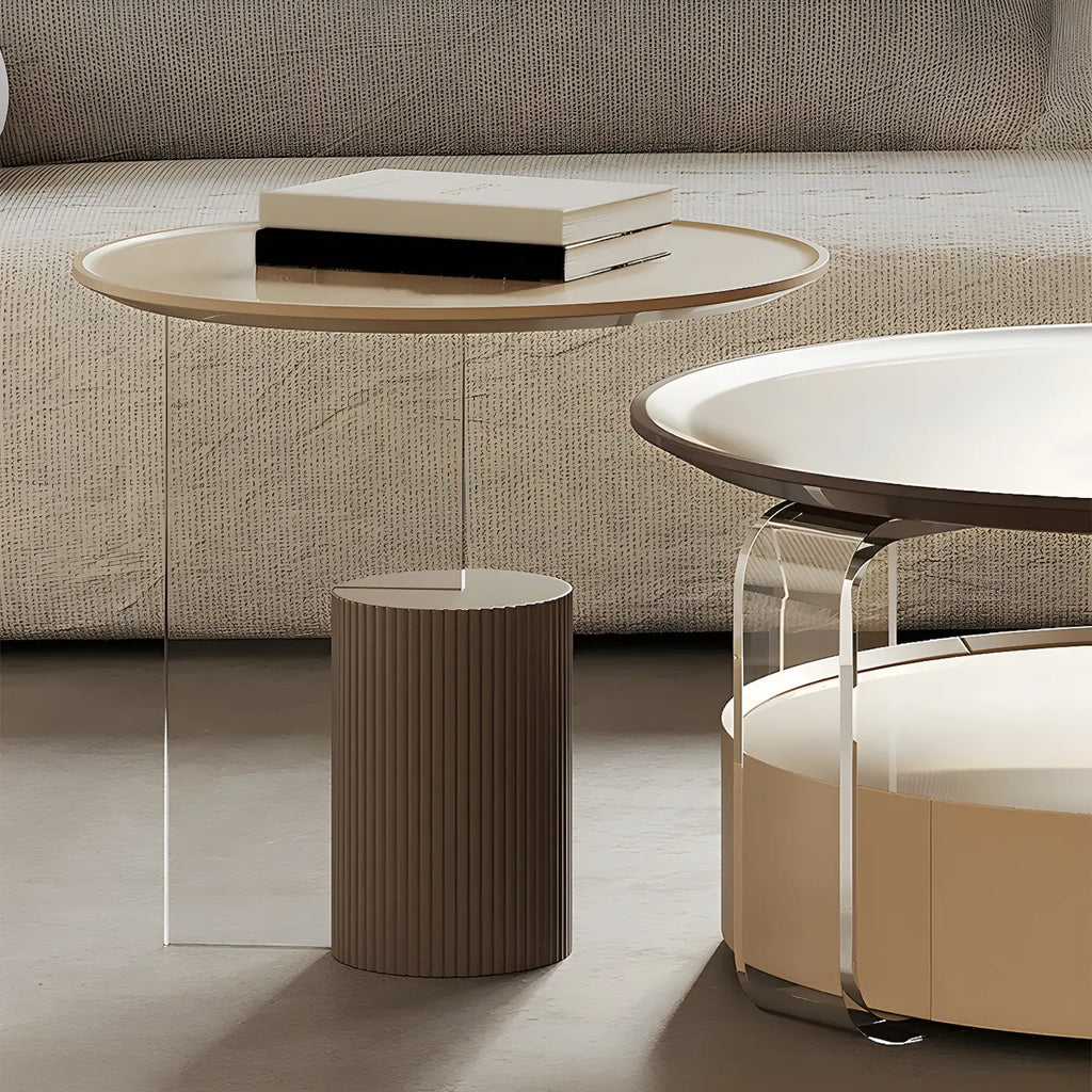 Table basse ronde élégante en bois beige et marron avec rangement