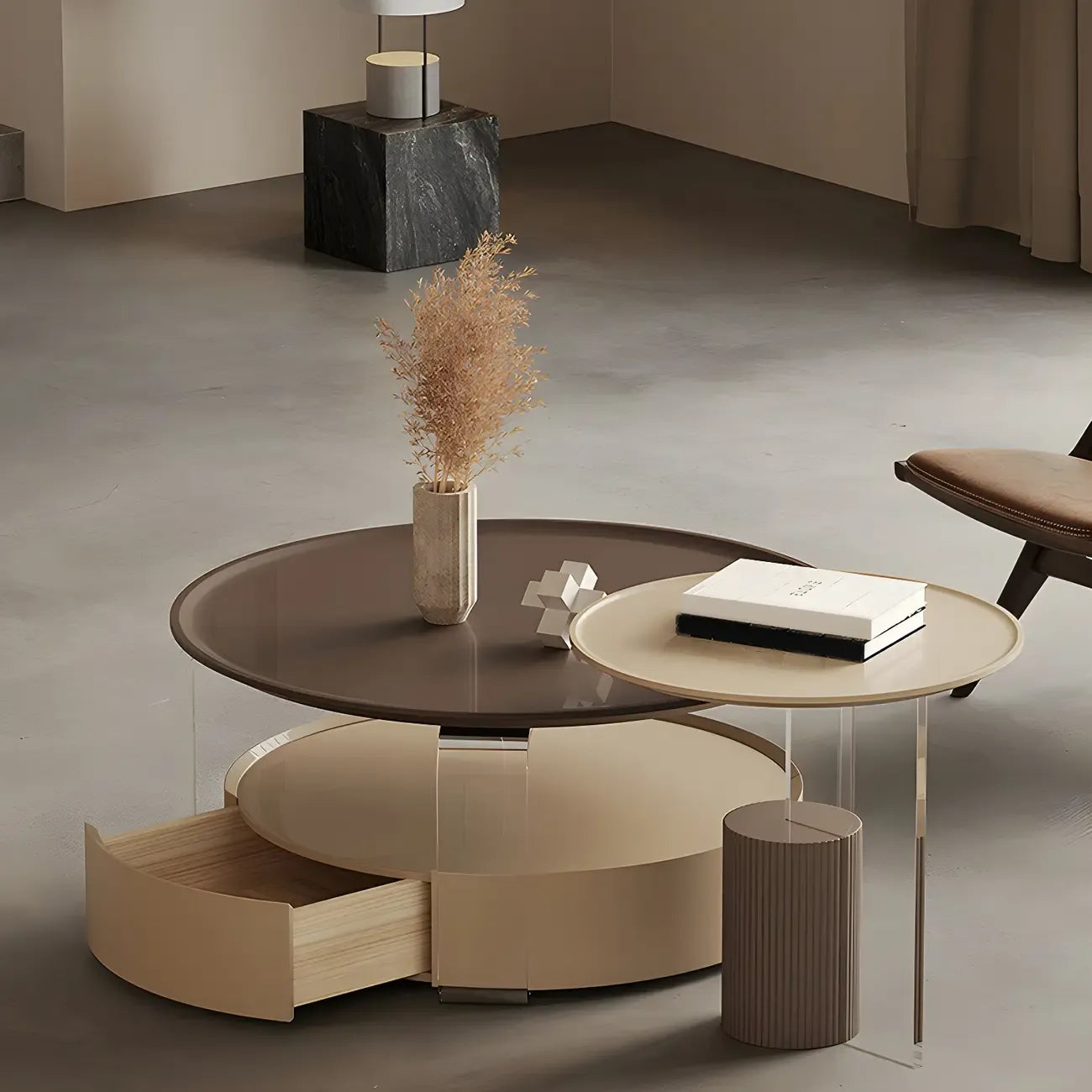 Table basse ronde élégante en bois beige et marron avec rangement