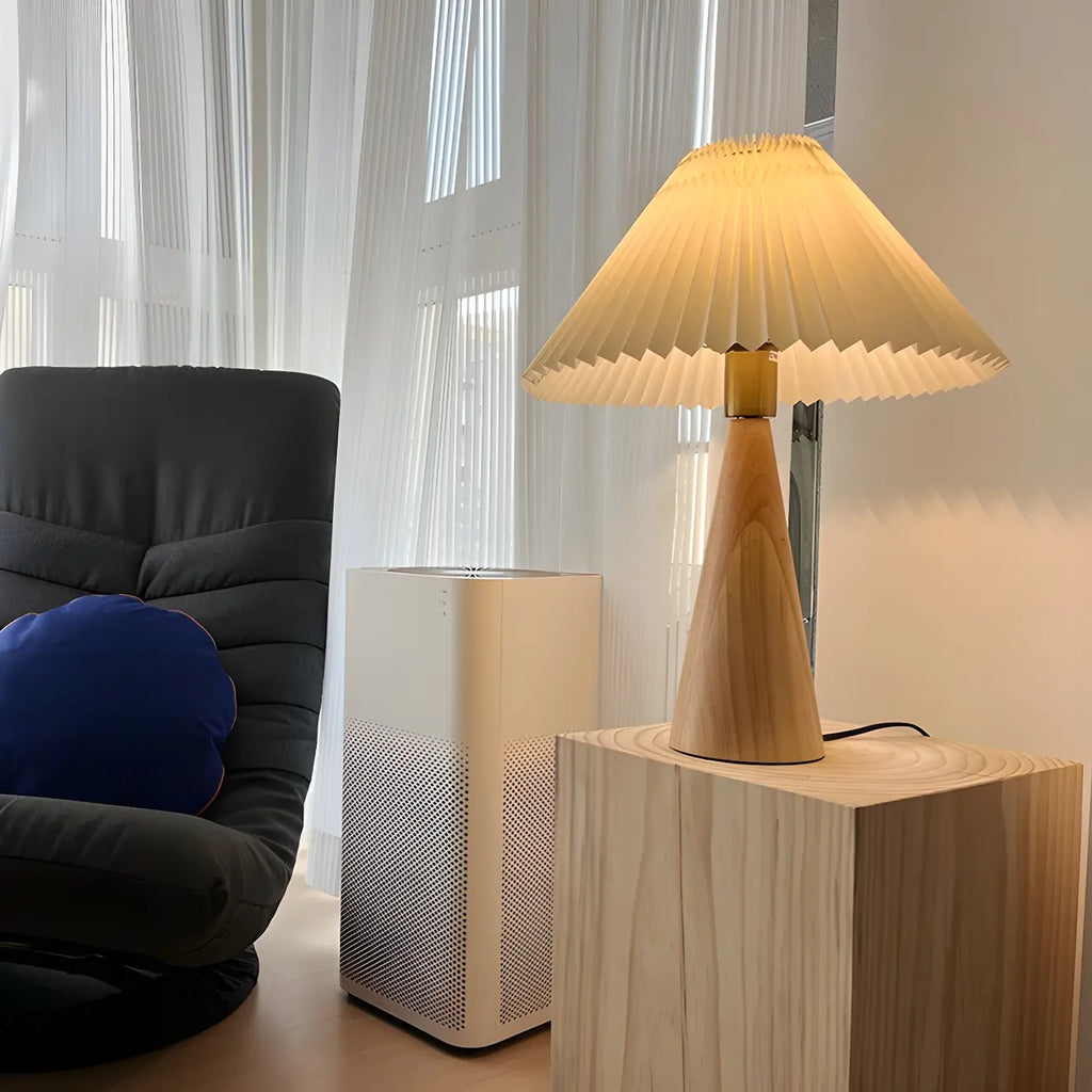 Lampe de chevet moderne en forme de cône de bois avec télécommande, LED et tissu