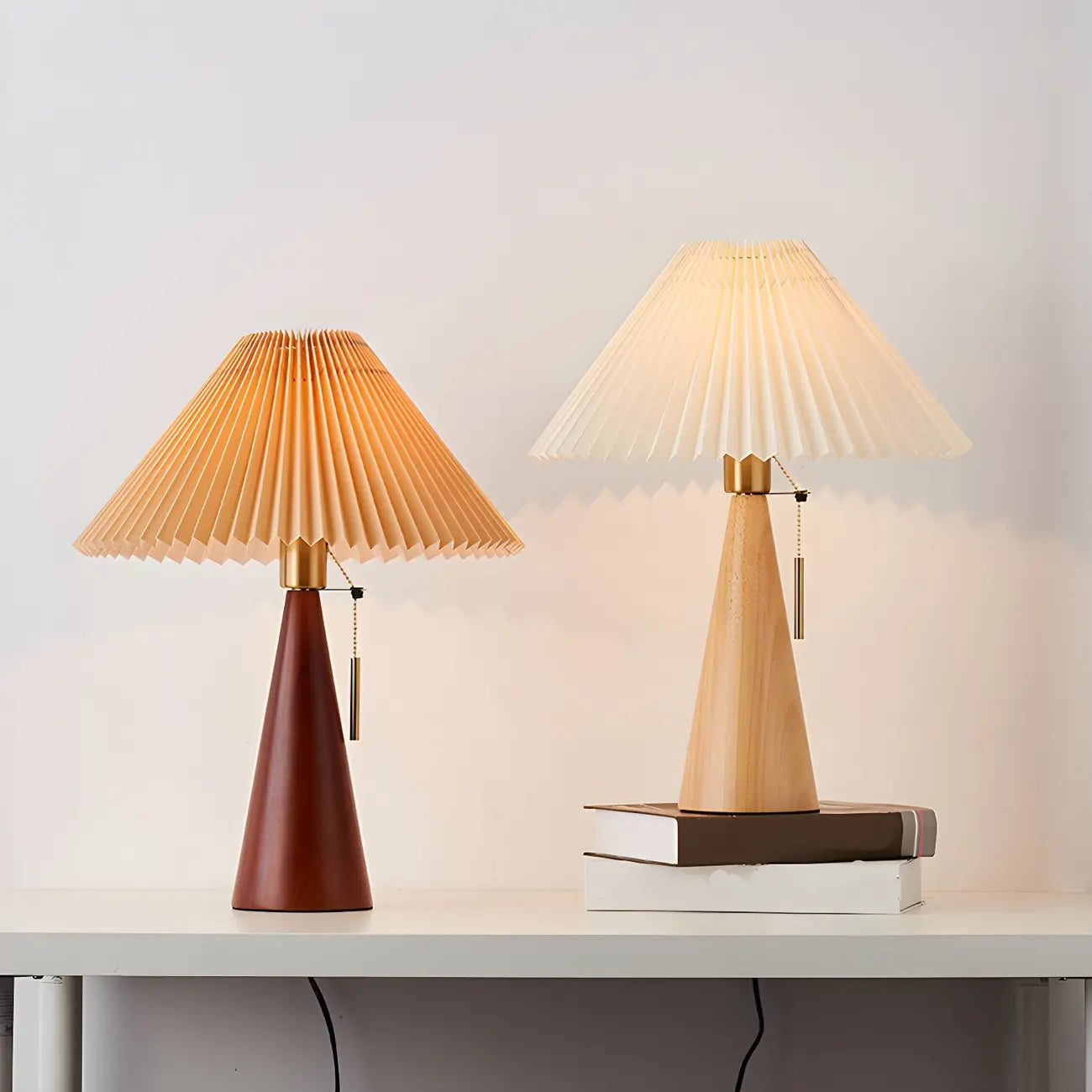 Lampe de chevet moderne en forme de cône de bois avec télécommande, LED et tissu
