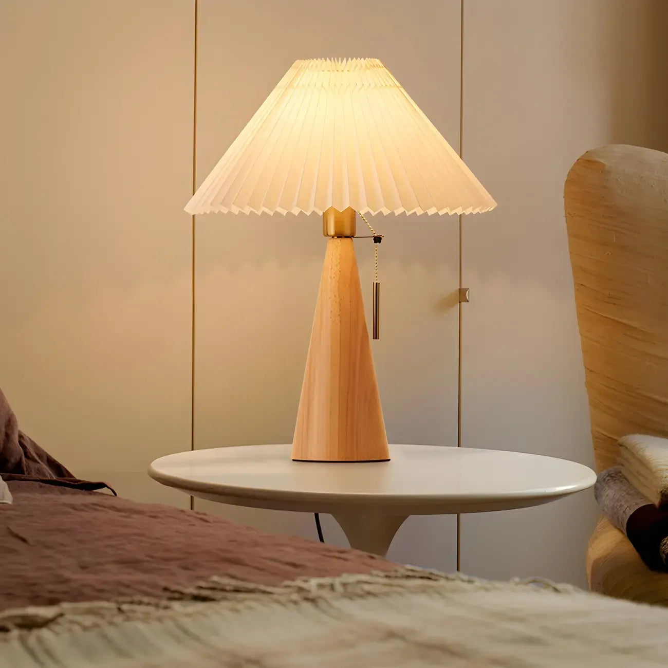 Lampe de chevet moderne en forme de cône de bois avec télécommande, LED et tissu