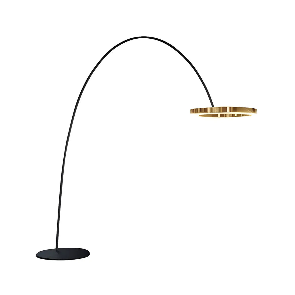 Lampadaire LED arqué doré avec anneau métallique et variateur,