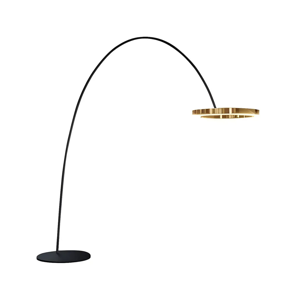Lampadaire LED arqué doré avec anneau métallique et variateur,