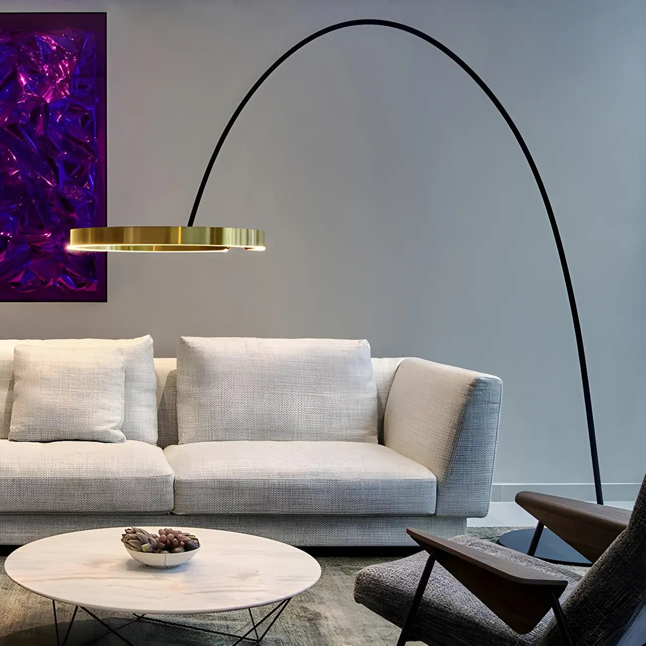 Lampadaire LED arqué doré avec anneau métallique et variateur,