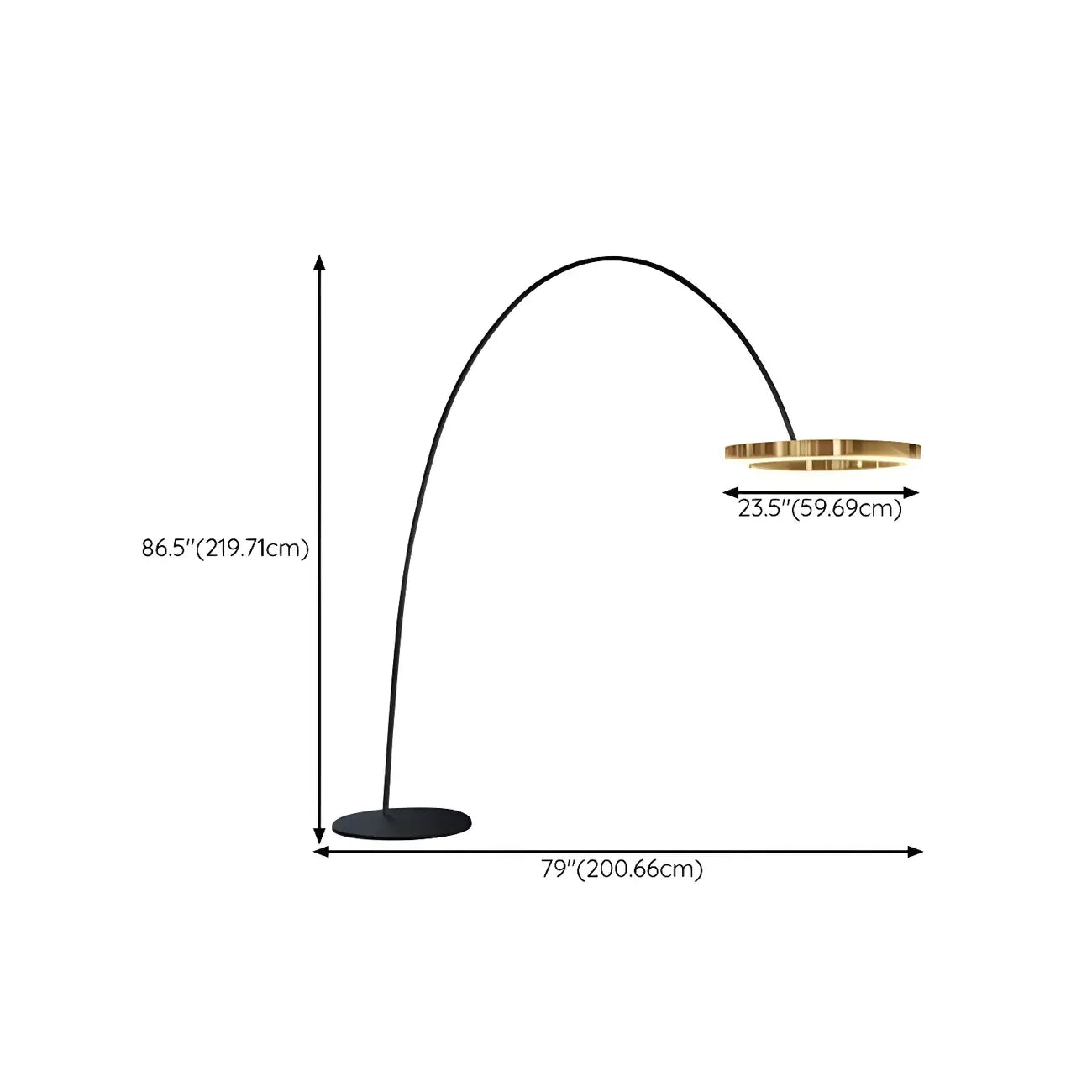 Lampadaire LED arqué doré avec anneau métallique et variateur,