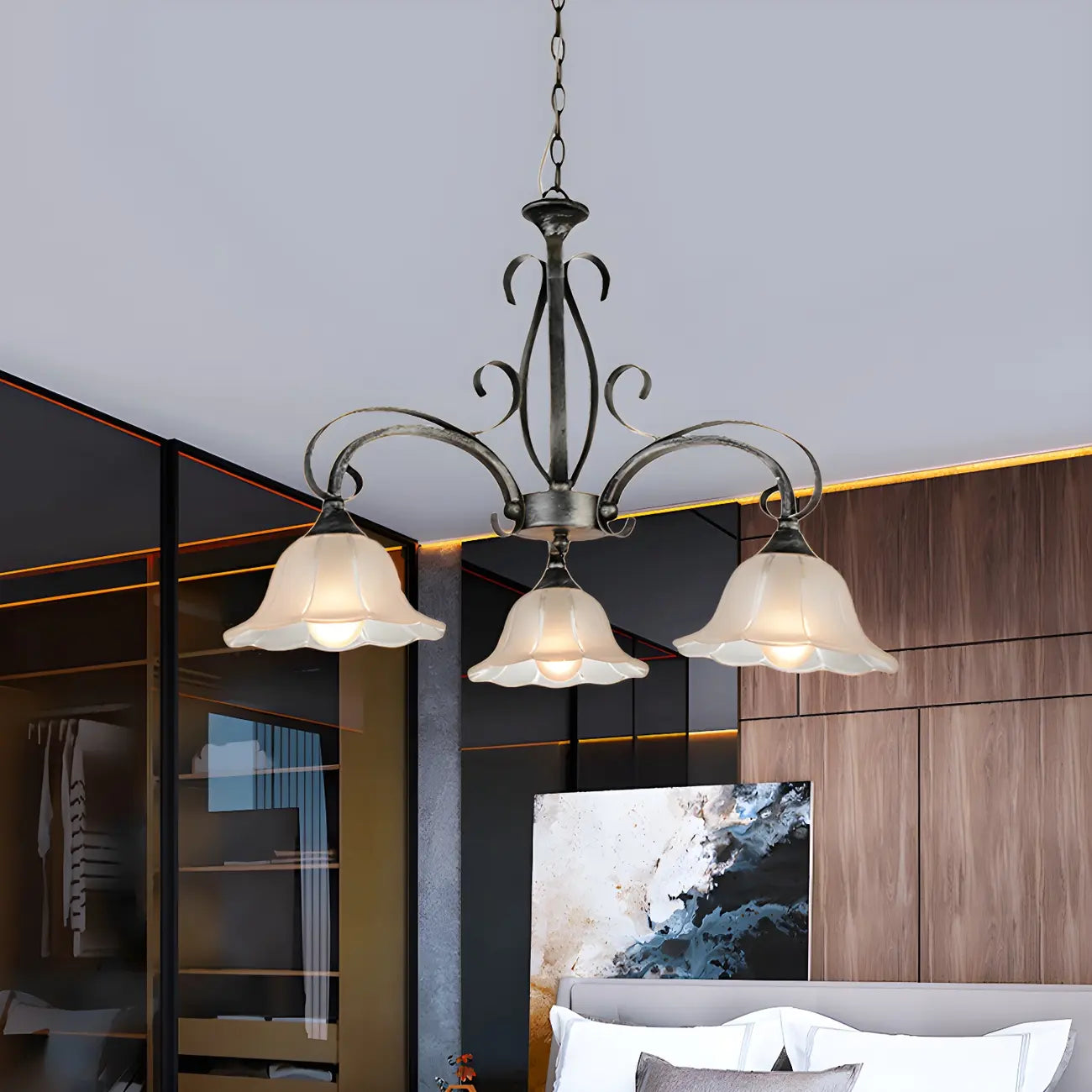 Lustre floral élégant en verre dépoli argenté