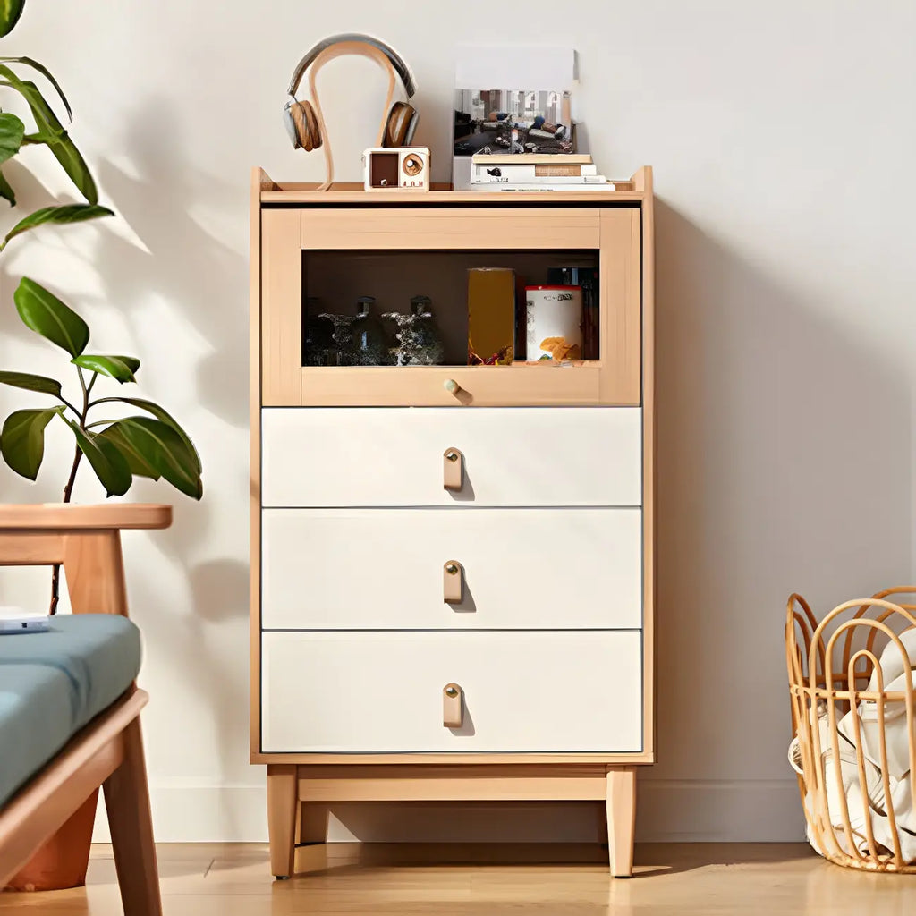 Commode en bois clair, finition naturelle durable et tiroirs en verre