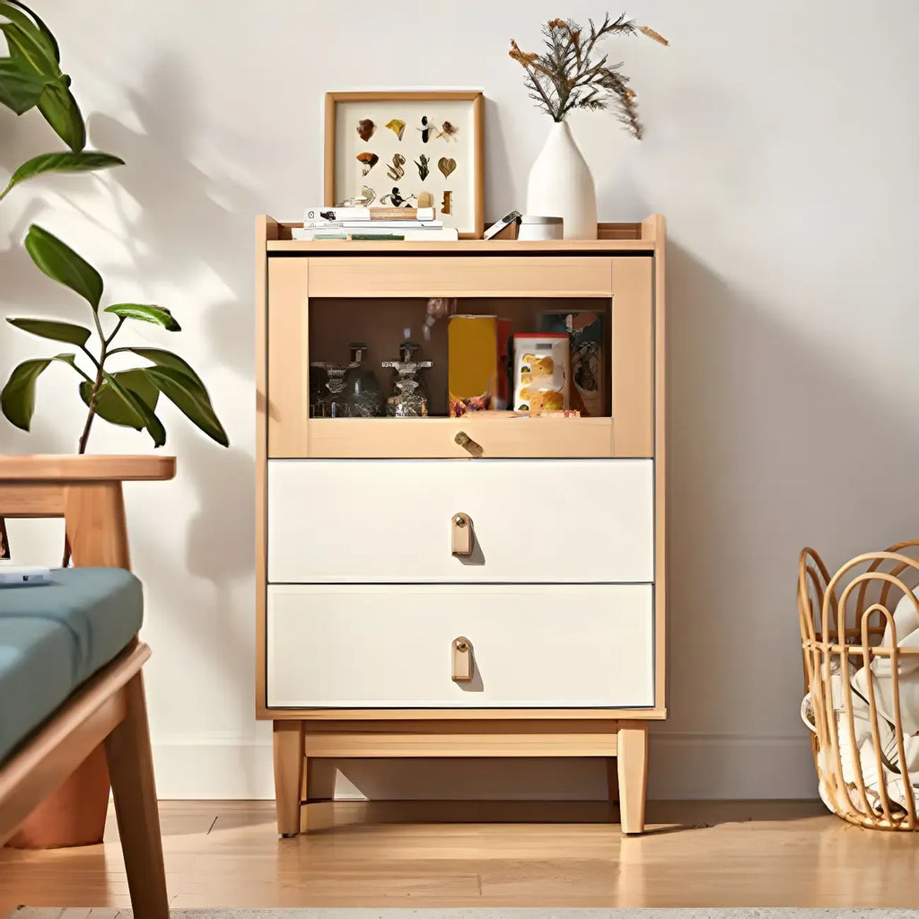 Commode en bois clair, finition naturelle durable et tiroirs en verre