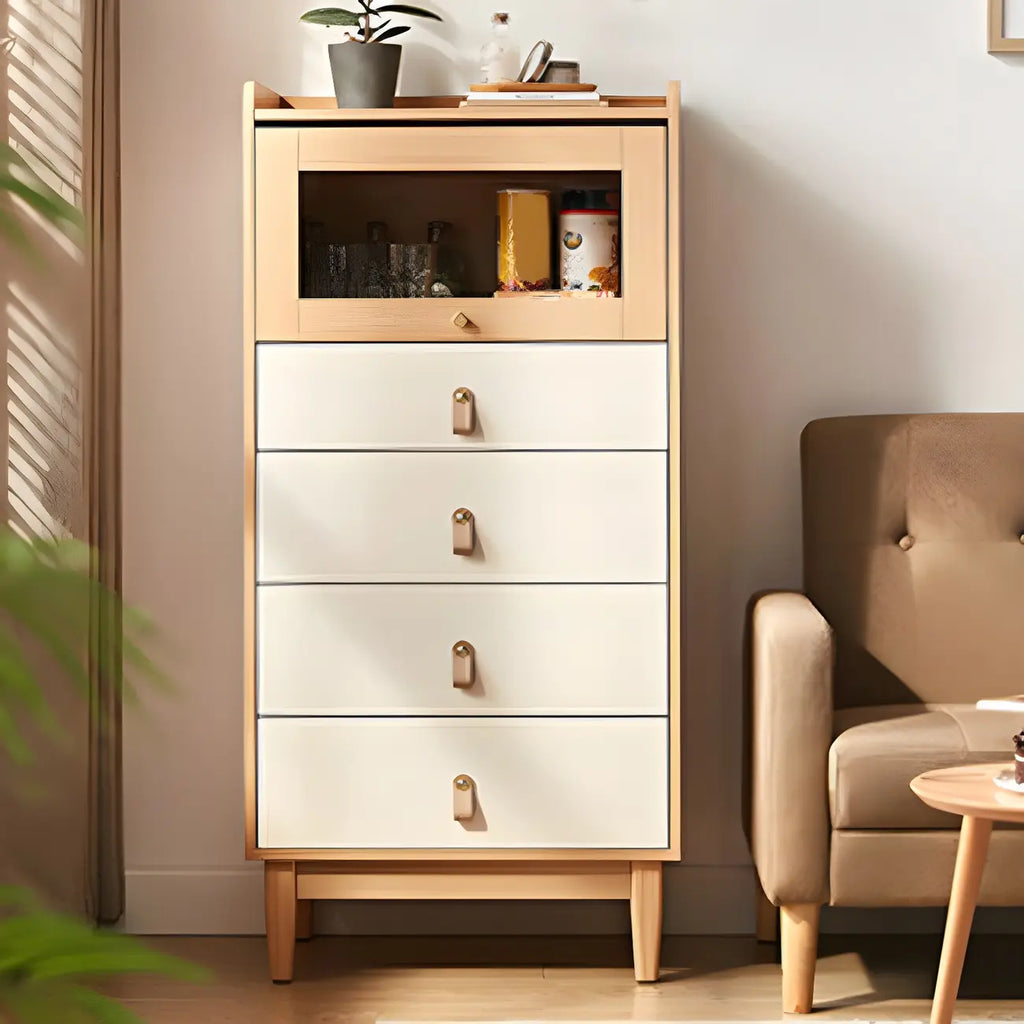 Commode en bois clair, finition naturelle durable et tiroirs en verre