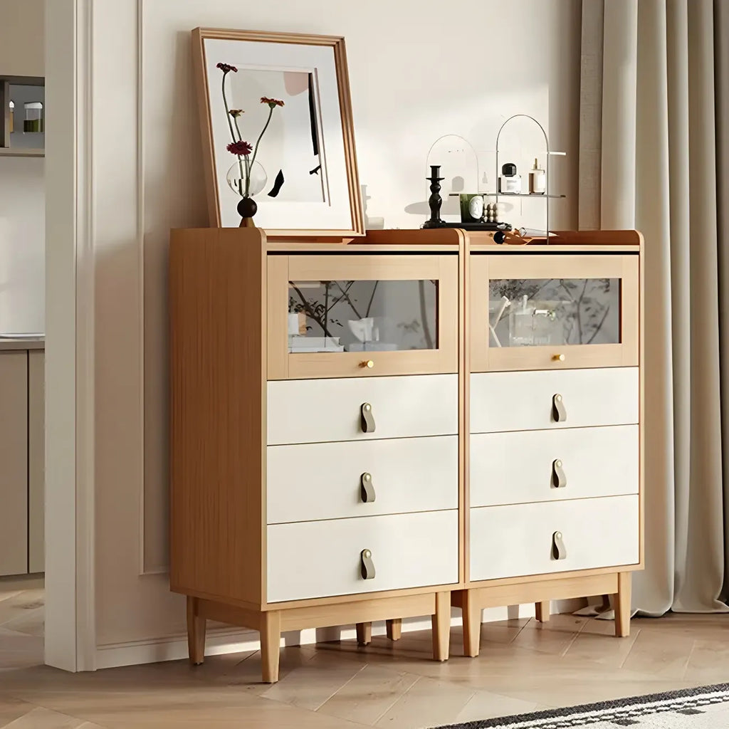 Commode en bois clair, finition naturelle durable et tiroirs en verre