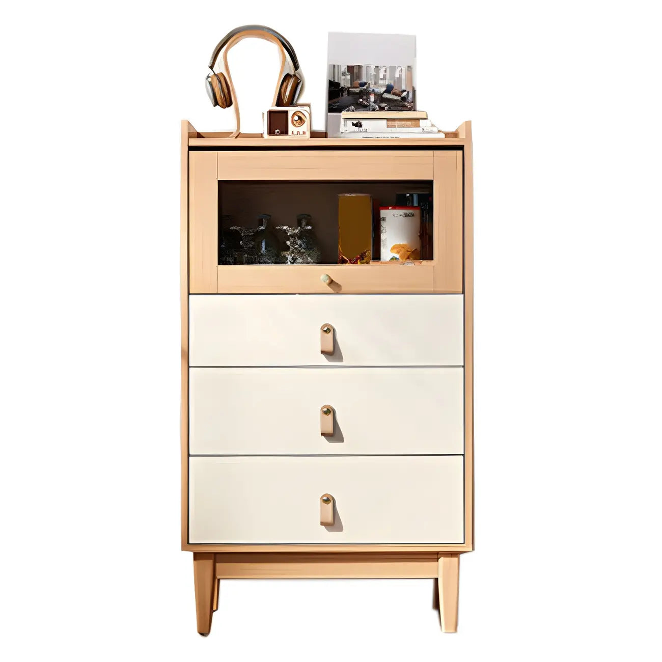 Commode en bois clair, finition naturelle durable et tiroirs en verre