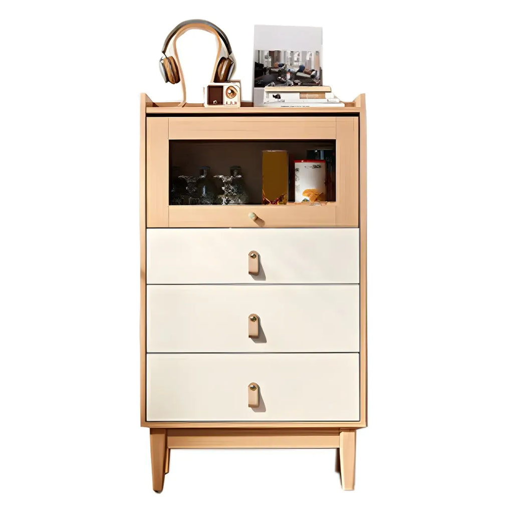 Commode en bois clair, finition naturelle durable et tiroirs en verre