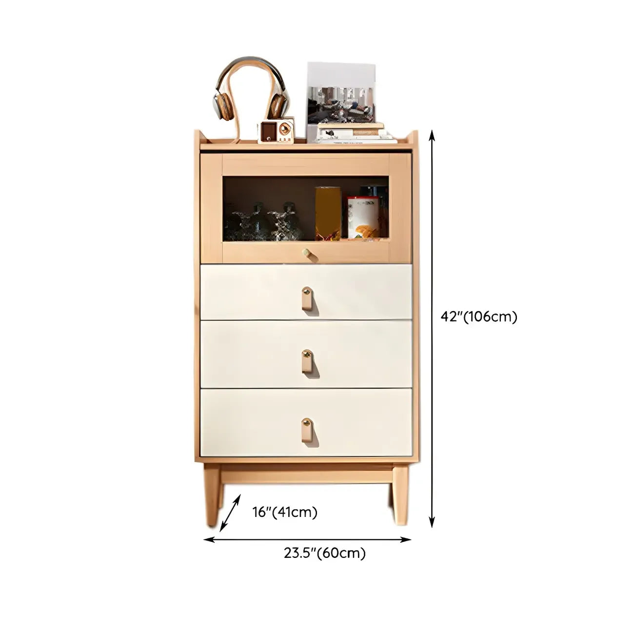 Commode en bois clair, finition naturelle durable et tiroirs en verre