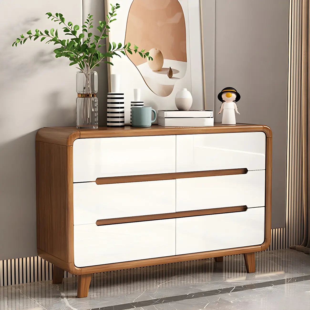 Commode double traditionnelle en bois blanc-brun à bord arqué