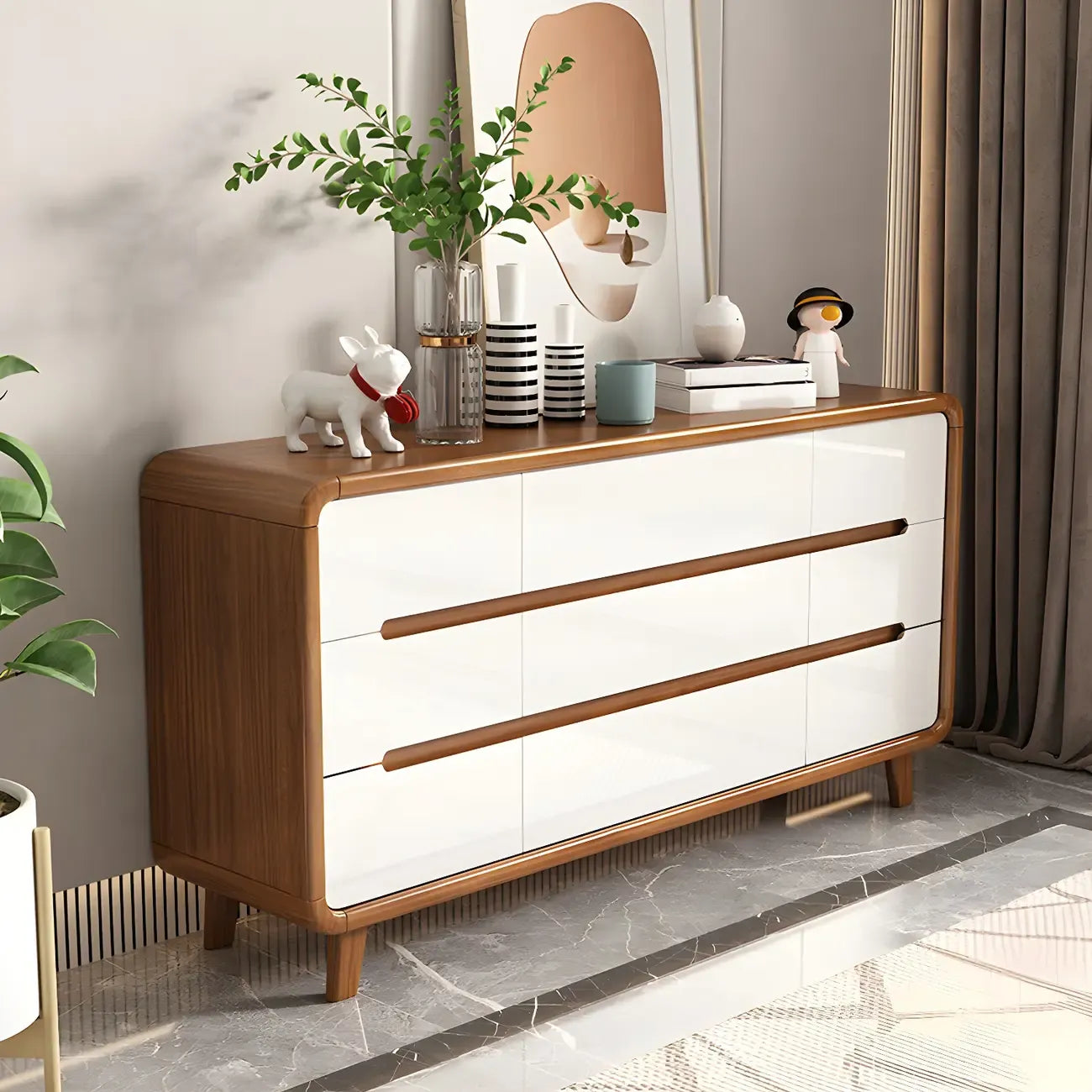 Commode double traditionnelle en bois blanc-brun à bord arqué